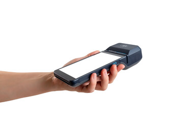 Portable point of sale terminal held in hand, blank screen isolated transparent, perfect for payment systems, mobile checkout, and interface mockups