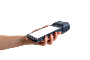 Portable point of sale terminal held in hand, blank screen isolated transparent, perfect for payment systems, mobile checkout, and interface mockups