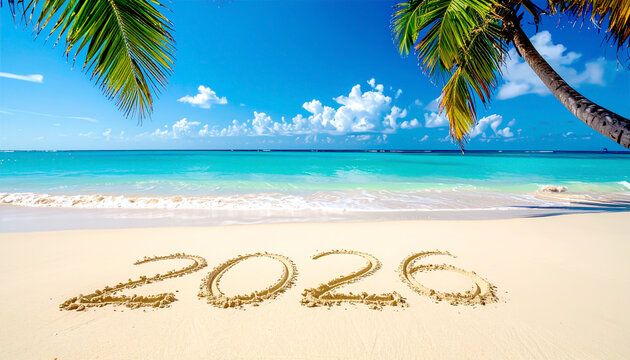 &bdquo;2026&ldquo; in den Sand geschrieben an tropischem Strand mit Palmen, blauem Himmel und t&uuml;rkisfarbenem Meer