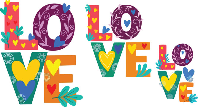 Colorful decorative typography spelling the word love in vibrant patterns perfect for valentines day on transparent background