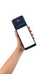 Hand holding modern portable POS terminal with blank touchscreen, transparent, ideal for digital payment interfaces, fintech apps, and retail technology mockups