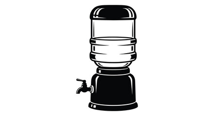 A black and white illustration of a water cooler with a dispensing tap silhouette
