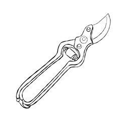 Hand drawn pruning shears secateurs garden tool minimal black line art illustration isolated on white for gardening projects