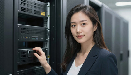 Young Asian Female IT Worker Technician in a server room data center