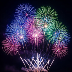 Obraz premium Vibrant vertical spray of colorful neon fireworks in night sky.