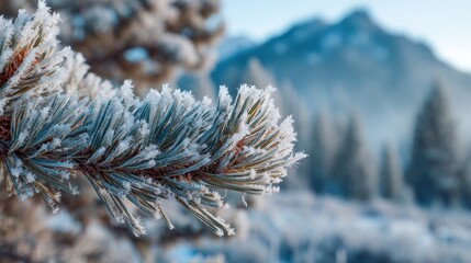Frosty pine needles on a cold winter morning
