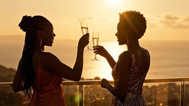 Two silhouetted women in elegant evening wear toast with champagne flutes on a balcony overlooking the ocean at sunset with golden sunlight and city lights in the background