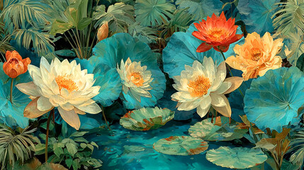 Tropical watercolor lotus flowers pond