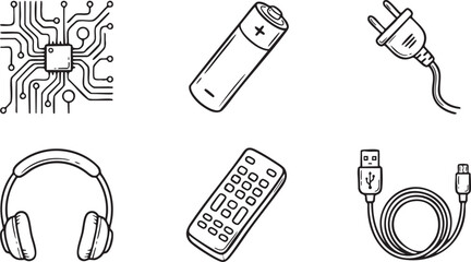 Six black and white hand drawn electronic device icons on a white background circuit board