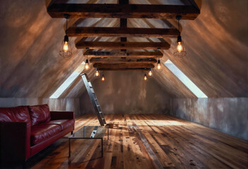 Empty attic room with wooden beams, exposed bulbs, and a red leather sofa on hardwood floor.