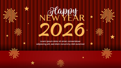 Happy New Year 2026 Christmas Banner Greetings Podium Curtains Red Background Fireworks Decoration.Vector Design