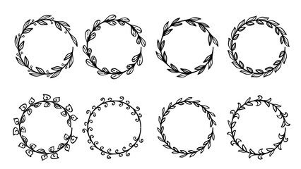 Leaves Circle Border Vintage Collection Botanical Wreath Frame Line Art Design Elements.Vector Set