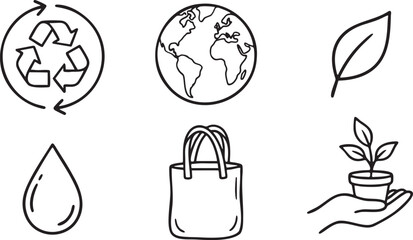 Hand drawn icons of recycling symbol earth leaf water drop shopping bag and plant in pot recycle