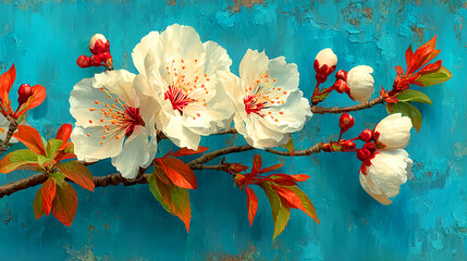 White blossom branch blue textured wallpaper