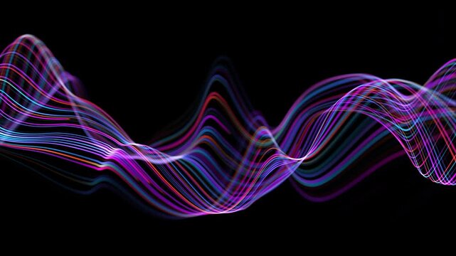 Closeup of Big data light speed warped flow. Abstract digital data stream of quantum computing. Cyberspace of qubit trail waves. Modern tech information. Multicolored Wave Lines Background. 