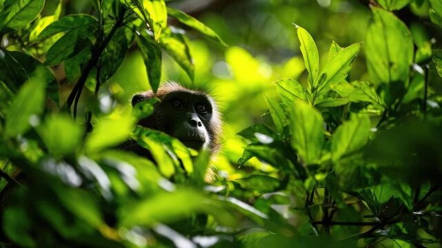 A monkey peeks through dense green leaves.