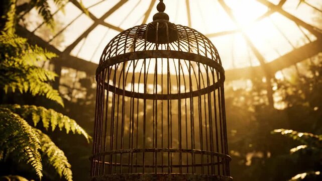 Empty birdcage in a sunlit greenhouse