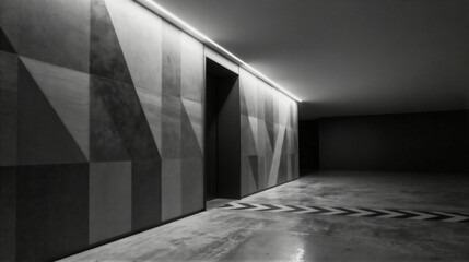 A black and white photograph of a modern hallway with geometric wall panels, recessed lighting, and chevron floor markings.