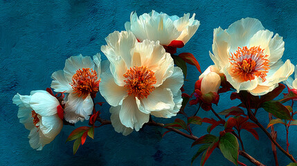 Soft white peony blossoms textured background