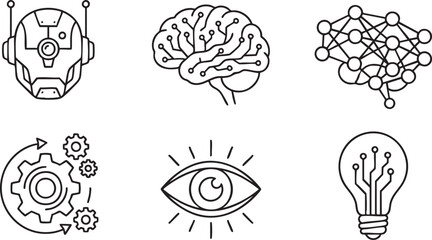 Robot head brain network eye gears lightbulb icons representing artificial intelligence and technology