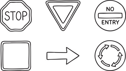 Hand drawn traffic signs stop yield no entry square arrow and roundabout symbols vector