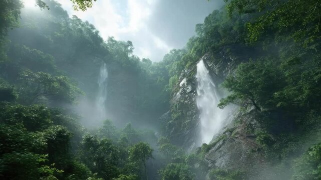 Lush rainforest with two tall waterfalls cascading down misty, moss-covered cliffs amid dense green foliage.