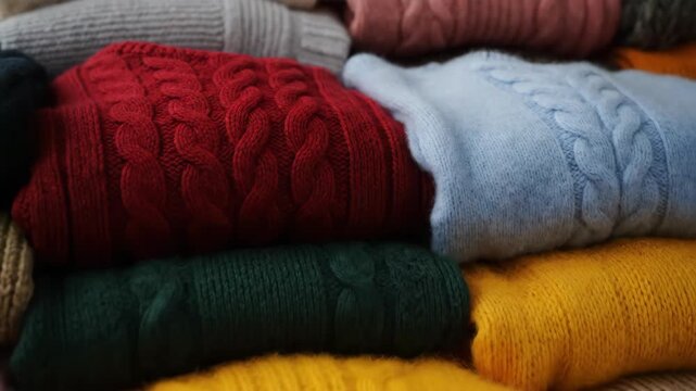 Pile of folded knitted m sweaters