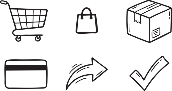 Hand drawn shopping cart shopping bag cardboard box credit card arrow and check mark icons trolley