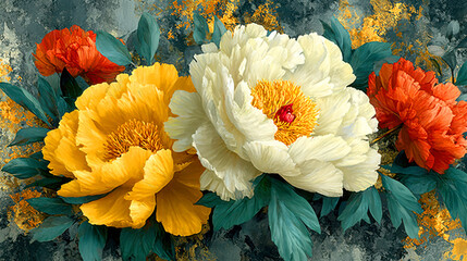 White peony gold rust texture wallpaper