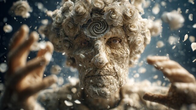 A man with a face made of flowers and leaves. The man's hands are outstretched, as if he is reaching for something. The image has a surreal and dreamlike quality