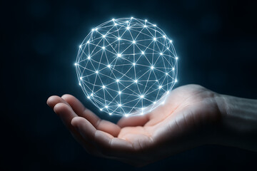 Virtual hologram sphere in palm of hand representing artificial intelligence global communication and modern digital transformation