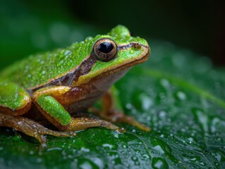 Naklejka premium Macro shot of a vibrant green frog on wet leaf
