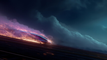 Maglev Train on Fiery Tracks: A futuristic maglev train streaks across the tracks, leaving a trail of fire and sparks beneath a dramatic, stormy sky, capturing the power and speed of modern transport.