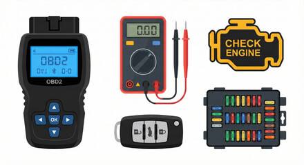 Automotive diagnostic tools and car check engine light icon, plus multimeter and car key