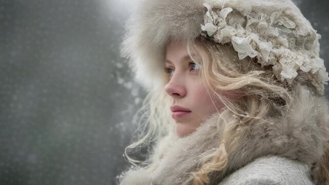 Blonde woman wearing a fluffy fur hat and scarf, standing in falling snow, gazing into the distance.