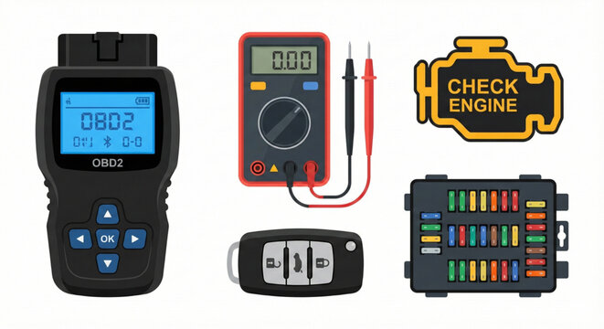 Automotive diagnostic tools and car check engine light icon, plus multimeter and car key