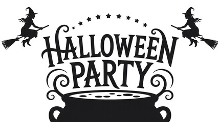 Spooky Halloween party invitation with witches and cauldron