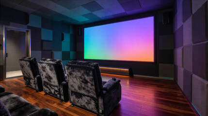 A modern home theater room with black velvet recliners, a large projection screen displaying a colorful gradient, and acoustic panel walls under ambient purple lighting.