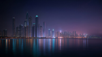 Fototapeta premium Cityscape at Dusk: A mesmerizing cityscape, illuminated at dusk, reflects gracefully on the tranquil waters. The image showcases the sleek lines of modern architecture contrasted by the soft.
