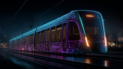 Naklejka premium Futuristic City Train: A sleek, modern train streaks along tracks at night, bathed in the vibrant glow of neon lights. The train cuts through the darkness.