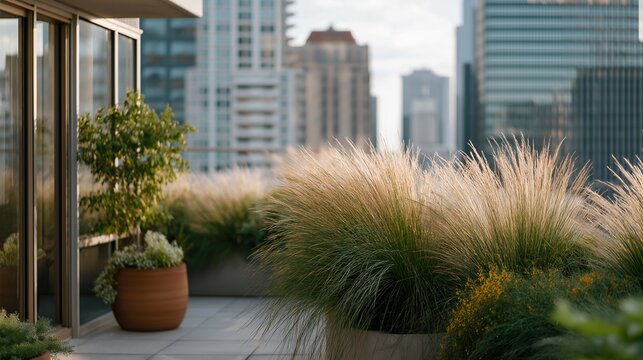 A city rooftop garden with tall ornamental grasses swaying beside modern planters, blending urban architecture with calming natural motion. cinematic color correction, natural uneven lighting yet - Powered by Adobe