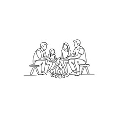 family sitting around a campfire on benches