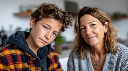Fototapeta premium This intimate portrait captures a mother and her son sharing a warm moment, showcasing their connection and the love that bonds them in a modern, cozy environment.