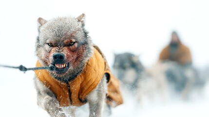 A dramatic image of a fierce dog leading a sled team through a snowy terrain, embodying strength and determination in a thrilling winter adventure.