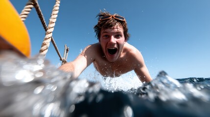 A young man captures the thrill of adventure as he splashes joyfully in ocean waters, representing freedom, excitement, and the joy of outdoor activities.