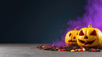 This Halloween-themed image features carved pumpkins surrounded by candy and purple smoke, capturing the spooky and festive spirit of the season.