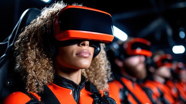 An immersive scene featuring individuals wearing VR headsets, showcasing the excitement and innovation of virtual reality technology in a futuristic setting. - Powered by Adobe