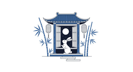 Obraz premium Traditional Chinese pagoda scene features a white rabbit under a full moon surrounded by blue bamboo plants and lanterns.