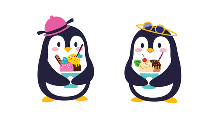Obraz premium Two cute penguins holding cups of delicious ice cream with toppings are ready to enjoy a sweet treat together.