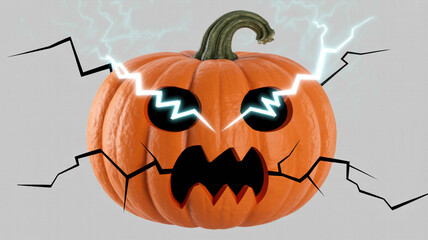 Spooky Halloween pumpkin with glowing lightning eyes and cracked skin